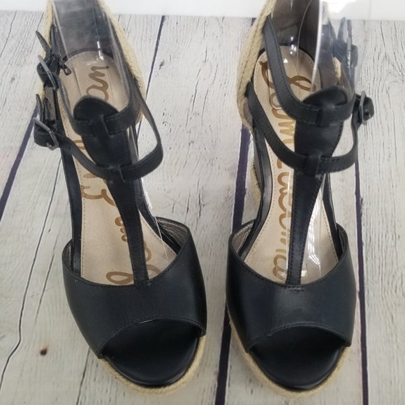 Sam Edelman Black T Strap, Stappy Woven Wedge - Picture 3 of 8